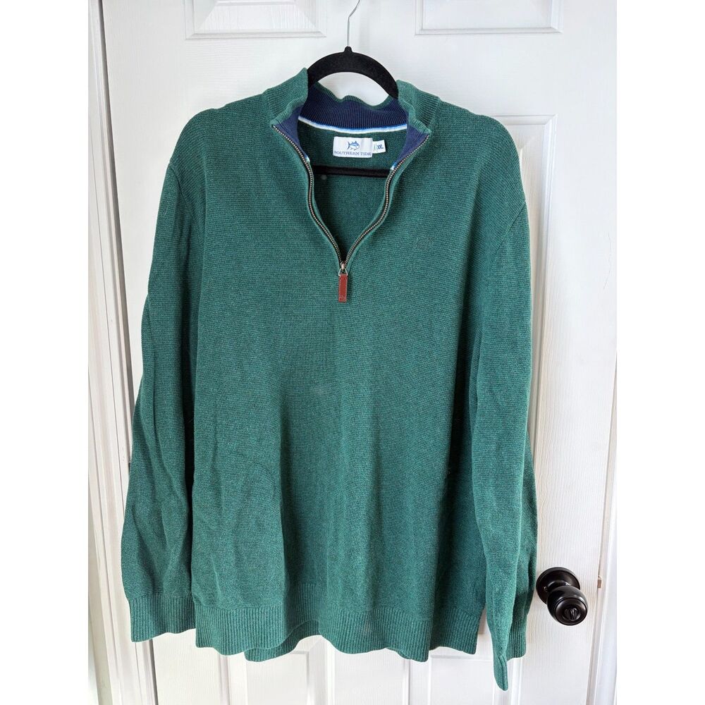 Southern Tide Men's Oakatie Heather Quarter Zip Green 100% Cotton Sweater XXL